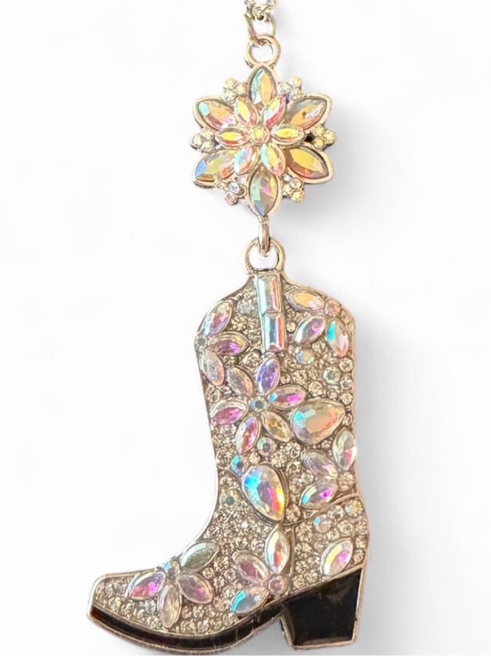 Crystal Embellished Cowboy Boot Pendant Necklace - Iridescent